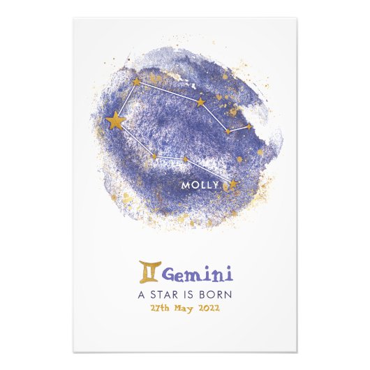 Gemini Baby Naam Zodiac Starry Nursery Poster (Voorkant)