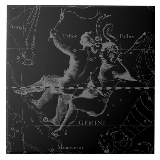 Gemini Constellation Map Hevelius 1690 op Black Tegeltje (Voorkant)