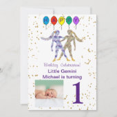 Gemini First Birthday Gold, ballonnen en foto's Kaart (Voorkant)