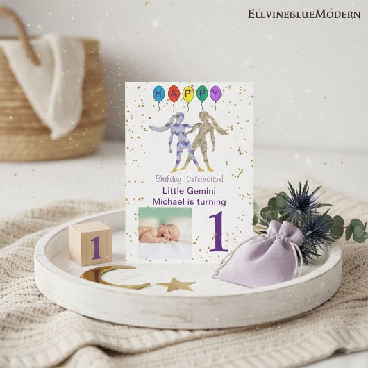 Gemini First Birthday Gold, ballonnen en foto's Kaart