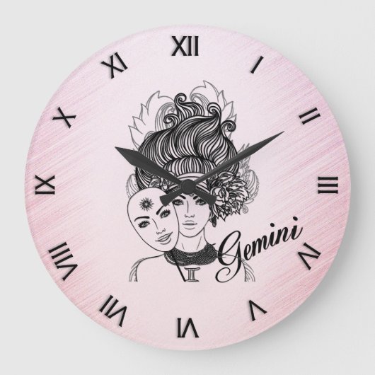 Gemini Gemaskerde Lady Zodiac Roman Numerals Roze Grote Klok (Voorkant)