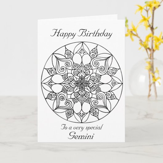 Gemini Mandala: Kleur je eigen Verjaardag Kaart (Gele Bloem)