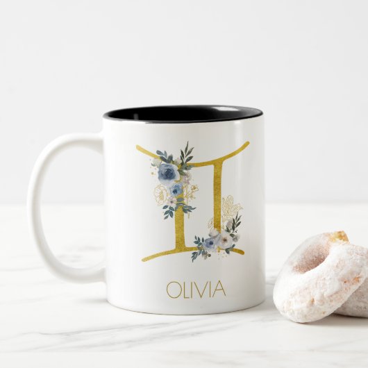 Gemini Name Blue & Gold Floral Tweekleurige Koffiemok (Met donut)