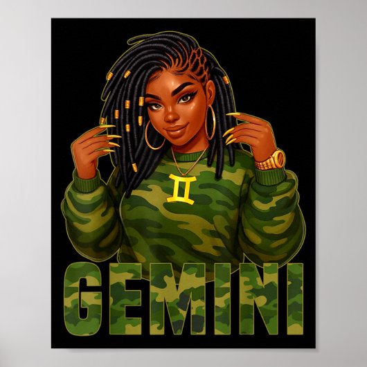 Gemini Queen Loc'd Black Woman Camo Zodiac Sign Poster (Voorkant)