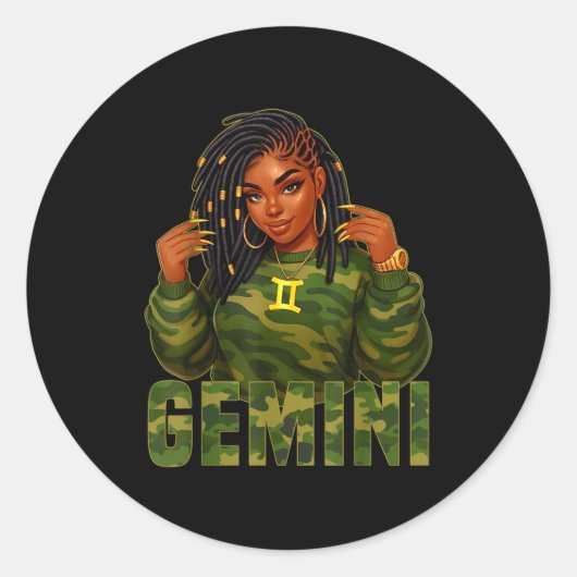 Gemini Queen Loc'd Black Woman Camo Zodiac Sign  Ronde Sticker (Voorkant)