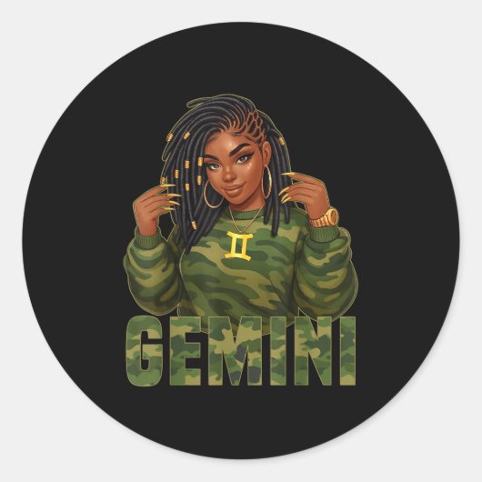 Gemini Queen Loc'd Black Woman Camo Zodiac Sign  Ronde Sticker (Voorkant)
