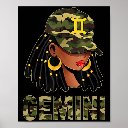Gemini Queen Loc'd Hair Black Woman Camo Cap Zodia Poster (Voorkant)