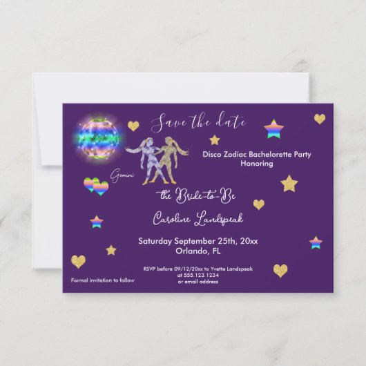Gemini Sign & Disco Ball Bachelorette Party Save The Date (Voorkant)