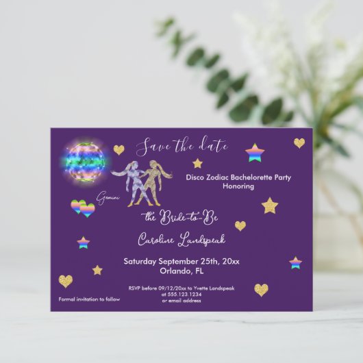Gemini Sign & Disco Ball Bachelorette Party Save The Date (Staand voorkant)