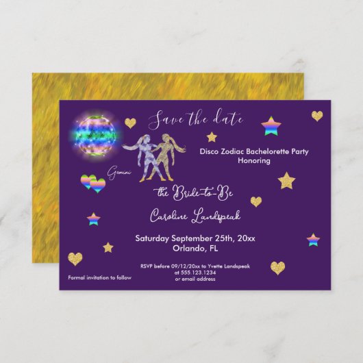 Gemini Sign & Disco Ball Bachelorette Party Save The Date (Voorkant / Achterkant)