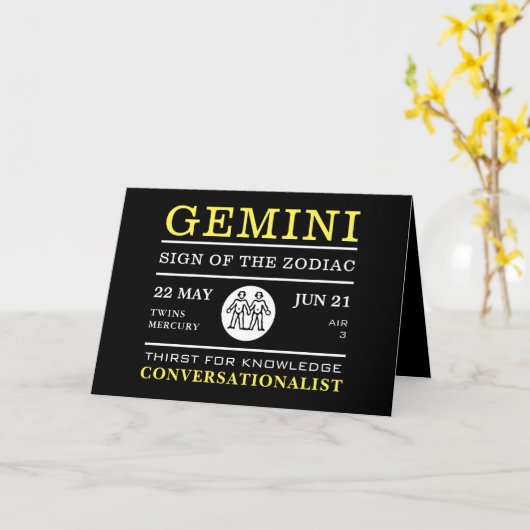 Gemini Sign of the Zodiac, Astrological Kaart (Gele Bloem)