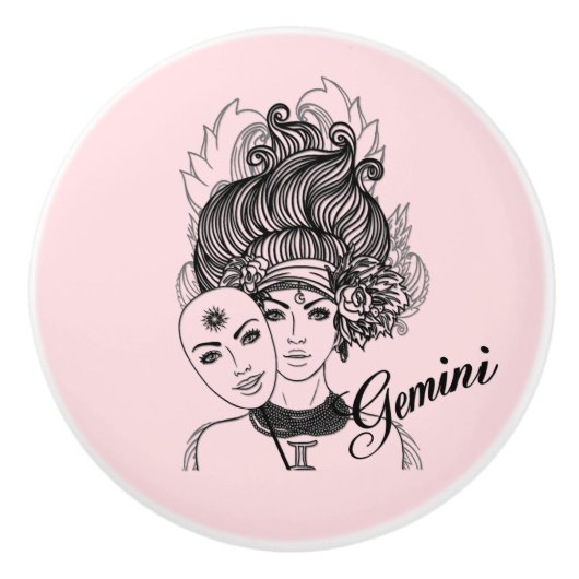 Gemini Sterrenbeeld Symbool en Teken Roze Keramische Knop (Voorkant)