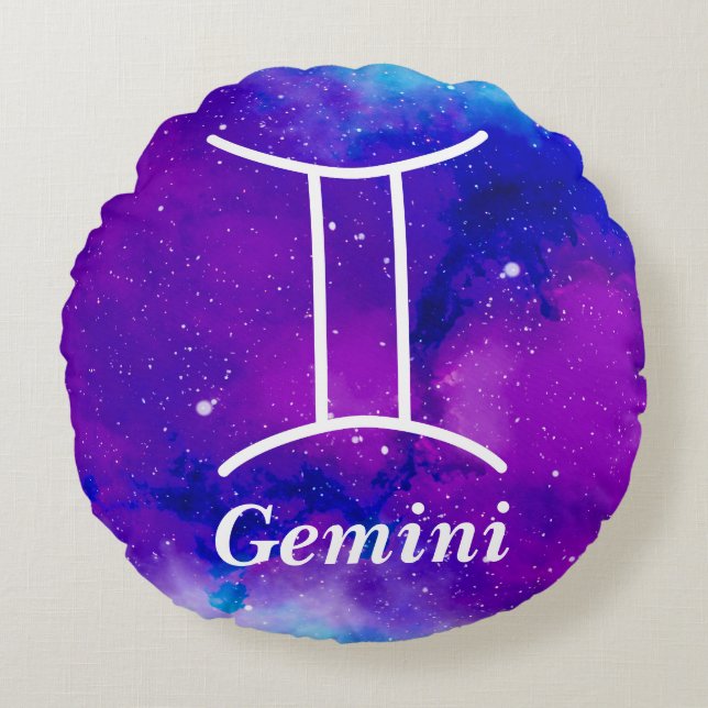 Gemini Symbol Paarse Blue Space Nebula Rond Kussen (Voorkant)