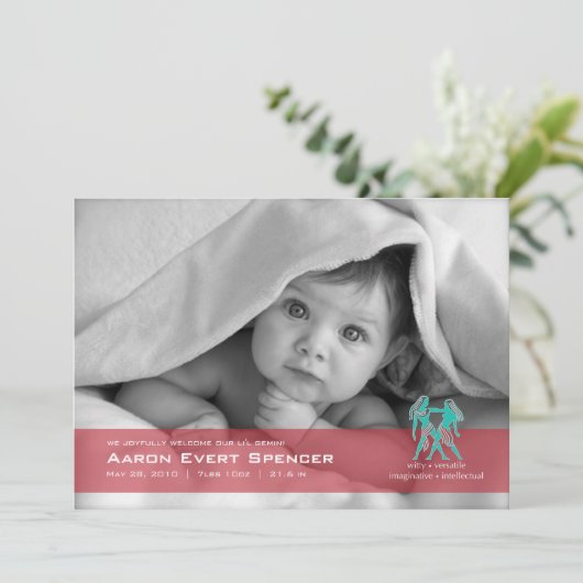 Gemini the Twin Photo Birth Announcement Kaart (Staand voorkant)