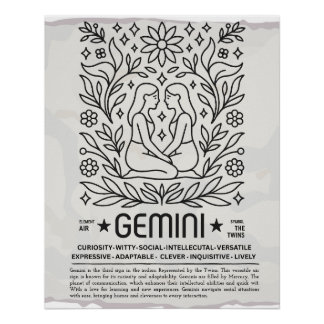 Gemini Zodiac Art Print – Botanische folk Perfect Poster