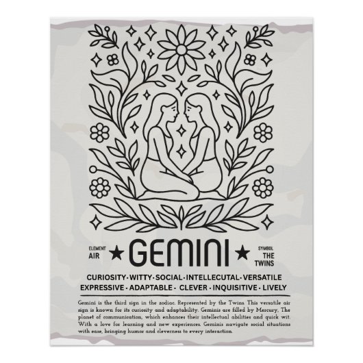 Gemini Zodiac  Art Print – Botanische folk Perfect Poster (Voorkant)