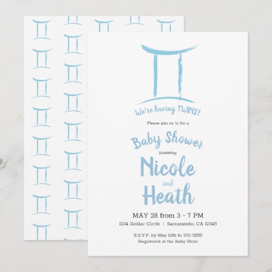 Gemini Zodiac Astrology Blue May June Baby shower Kaart (Voorkant / Achterkant)