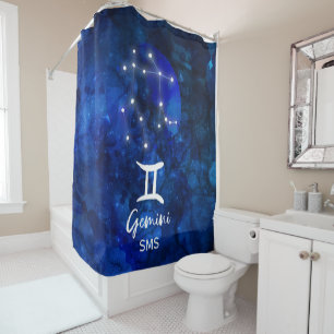 Gemini Zodiac Constellation Blue Galaxy Monogram Douchegordijn