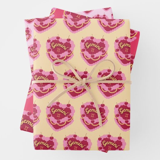 Gemini Zodiac Coquette Hart Verjaardagstaart Inpakpapier Vel (In situ)