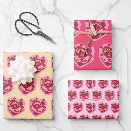 Gemini Zodiac Coquette Hart Verjaardagstaart Inpakpapier Vel (Voorkant)