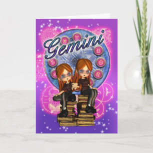 Gemini Zodiac Cute Card met twee meisjes op oude b Kaart