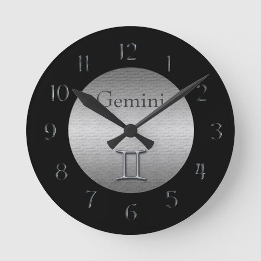 Gemini Zodiac-Faux, geborsteld zilver/zwart Ronde Klok (Voorkant)