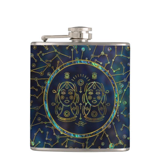 Gemini Zodiac Gold Abalone op constellatie Heupfles (Voorkant)