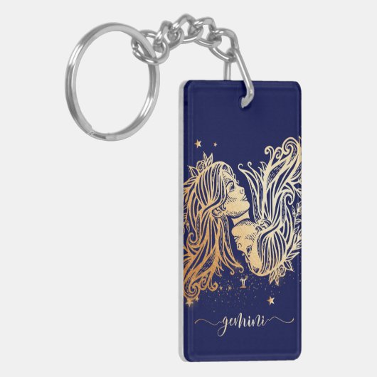 Gemini Zodiac Navy Blue & Gold Sleutelhanger Desig (Voorkant Links)