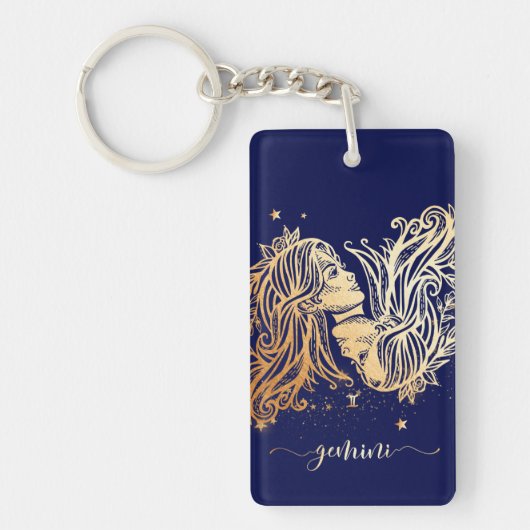 Gemini Zodiac Navy Blue & Gold Sleutelhanger Desig (Voorkant)