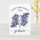 Gemini Zodiac Navy & Gold Monochrome Verjaardag Ka Kaart (Gele Bloem)