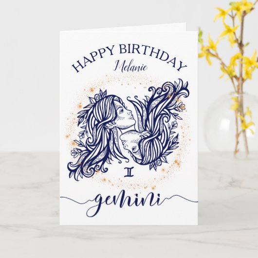 Gemini Zodiac Navy & Gold Monochrome Verjaardag Ka Kaart (Gele Bloem)