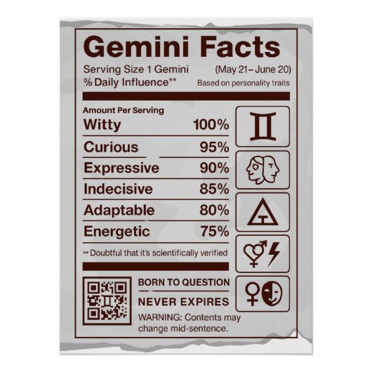 Gemini Zodiac Nutrition Facts Poster - Off White (Voorkant)