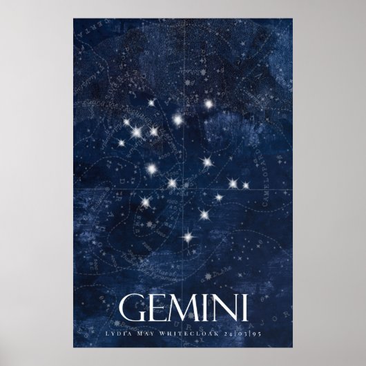 Gemini Zodiac Poster met naam, sterbord zodiac (Voorkant)