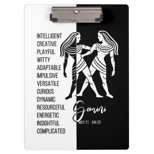 Gemini Zodiac Sign Black & White klembord (Voorkant)