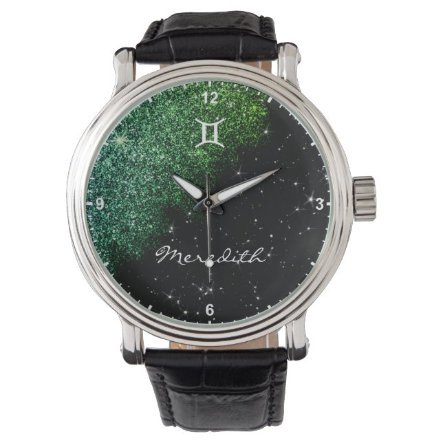 Gemini Zodiac Sign Blauwgroen Green Glitter Stars  Horloge (Voorkant)