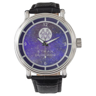 Gemini Zodiac Sign Elegant Custom Name Birth Date Horloge