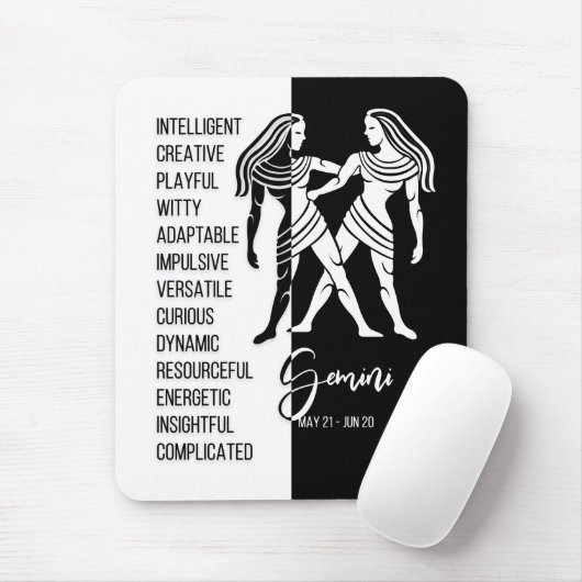 Gemini Zodiac Sign Mousepad, zwart-wit Muismat (Met muis)