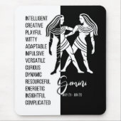 Gemini Zodiac Sign Mousepad, zwart-wit Muismat (Voorkant)