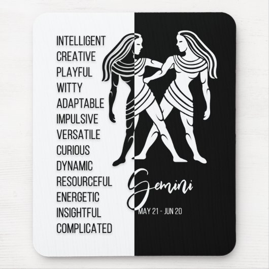 Gemini Zodiac Sign Mousepad, zwart-wit Muismat (Voorkant)