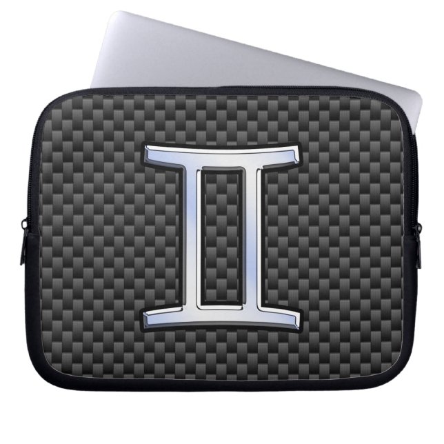 Gemini Zodiac Sign on Charcoal Carbon Fiber Print Laptop Sleeve (Voorkant)