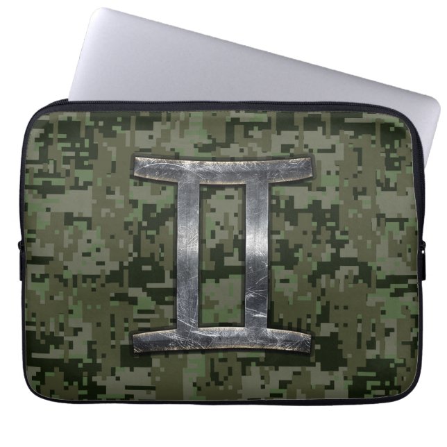 Gemini Zodiac Sign on Green Digital Camo Laptop Sleeve (Voorkant)
