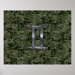 Gemini Zodiac Sign on Green Digital Camo Poster