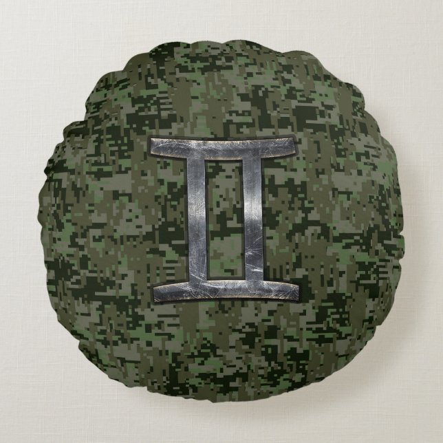 Gemini Zodiac Sign on Green Digital Camo Rond Kussen (Voorkant)