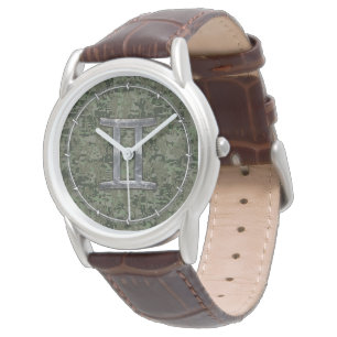 Gemini Zodiac Sign on Green Digital Camouflage Horloge