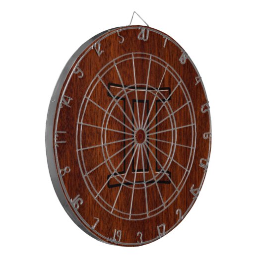 Gemini Zodiac Sign on Mahogany Wood Style Dartbord (Voorkant Links)