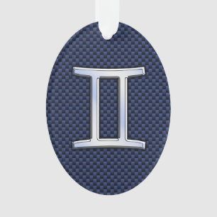 Gemini Zodiac Sign on Navy Blue Carbon Fiber Print Ornament