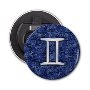 Gemini Zodiac Sign on Navy Blue Digital Camo Button Flesopener