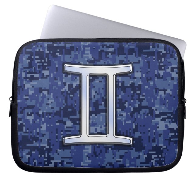 Gemini Zodiac Sign on Navy Blue Digital Camo Laptop Sleeve (Voorkant)