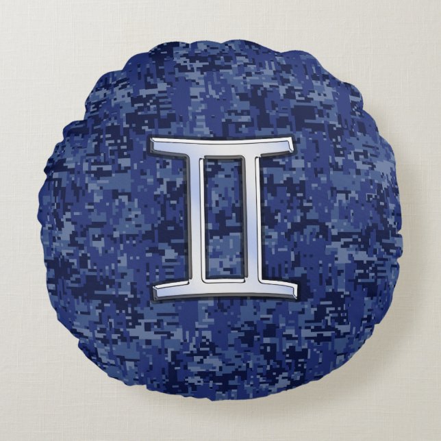 Gemini Zodiac Sign on Navy Blue Digital Camo Rond Kussen (Voorkant)