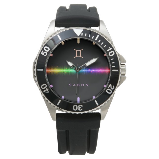 Gemini Zodiac Sign Rainbow Pride Flag Line Name Horloge (Voorkant)
